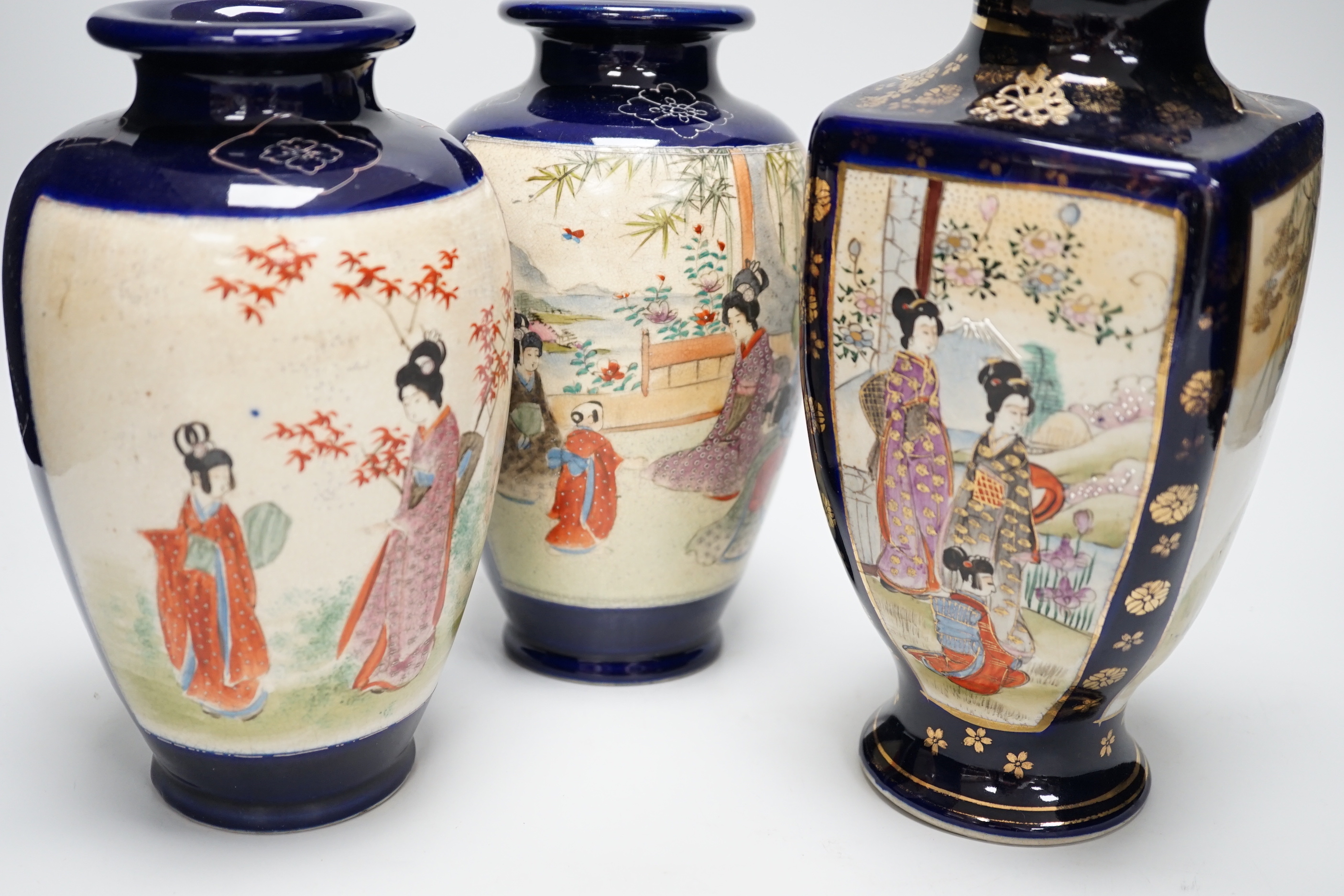 A Japanese Kakiemon bowl and three Satsuma pottery vases, tallest 24cm